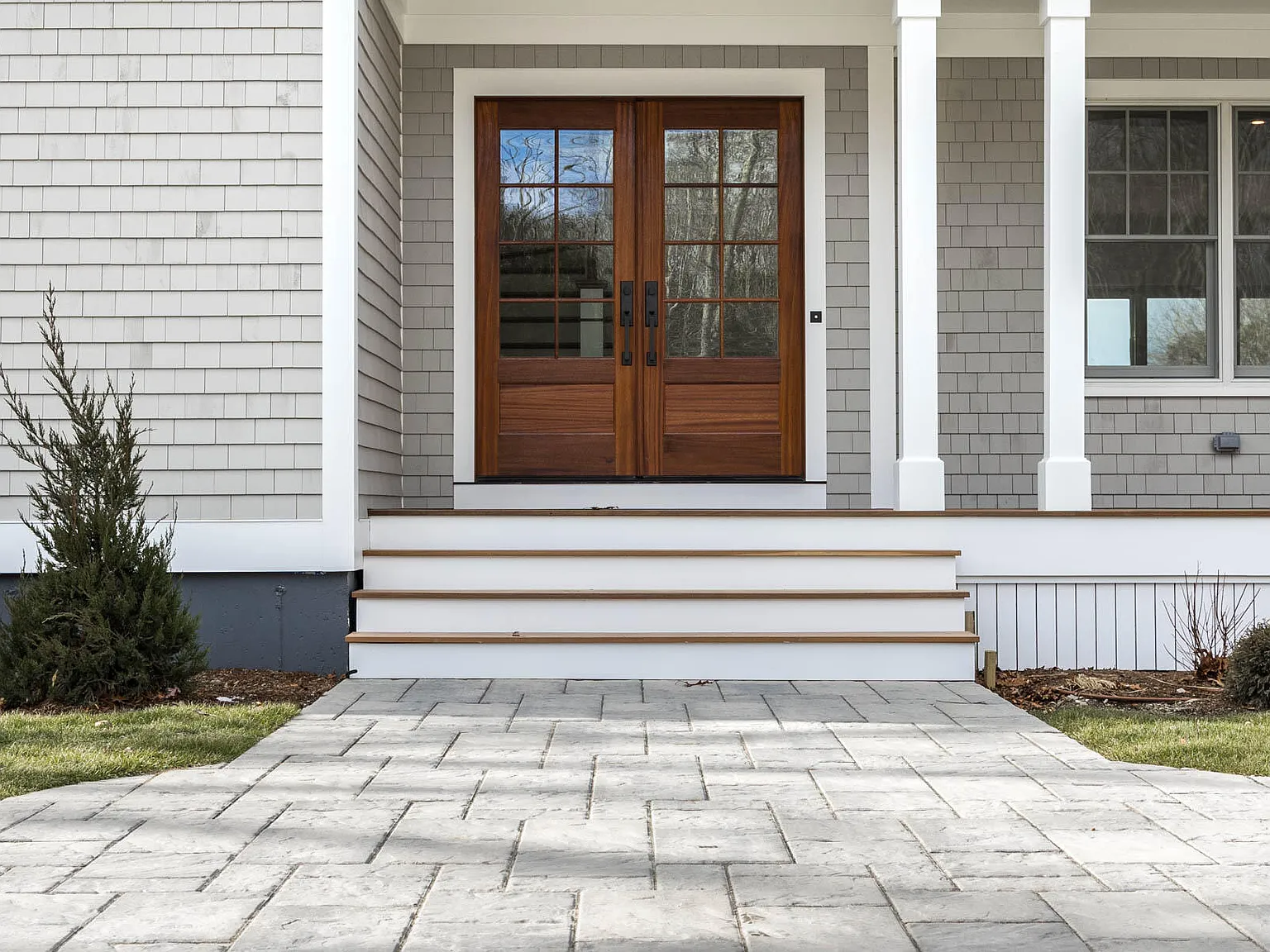 2 McSweeney Lane — mahogany front door with sidelights, gray shingle siding