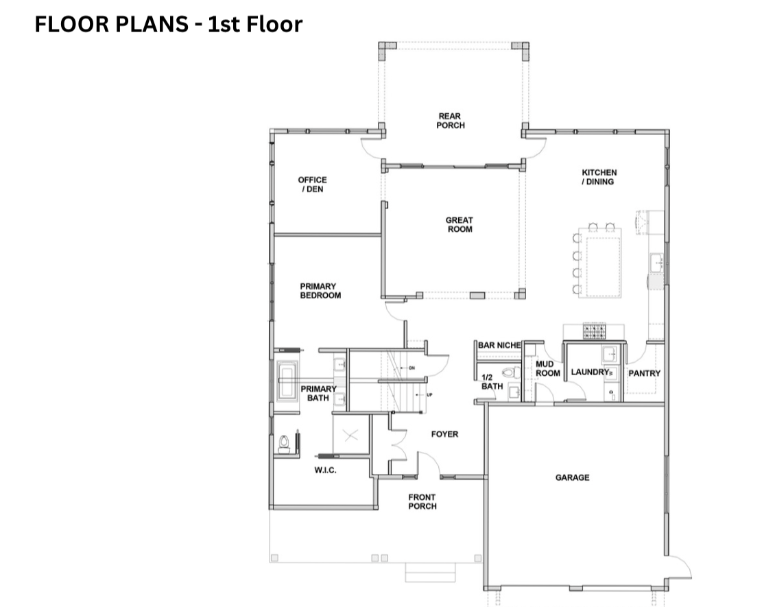 4 McSweeney Lane first floor plan showing primary suite, great room, kitchen, office/den, bar niche, mudroom, laundry, pantry, and 2-car garage