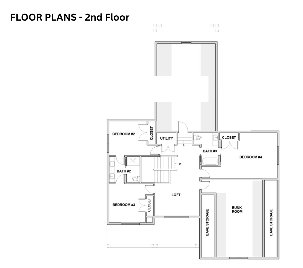 4 McSweeney Lane second floor plan showing bedrooms 2, 3, and 4, bunk room, loft, and two full baths